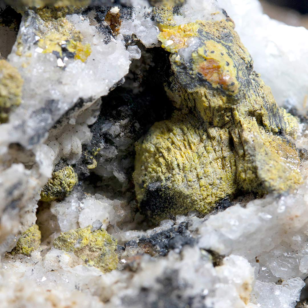 MIMETITE VAR CAMPYLITE, PYROLUSITE, BARYTE & QUARTZ
